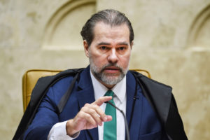 Brazilian Supreme Court President judge Jose Antonio Dias Toffoli, is pictured during a solemn session to mark the 30th anniversary of the 1988 Brazilian Constitution at the Supreme Court plenary, in Brasilia on October 4, 2018. / AFP PHOTO / EVARISTO SA